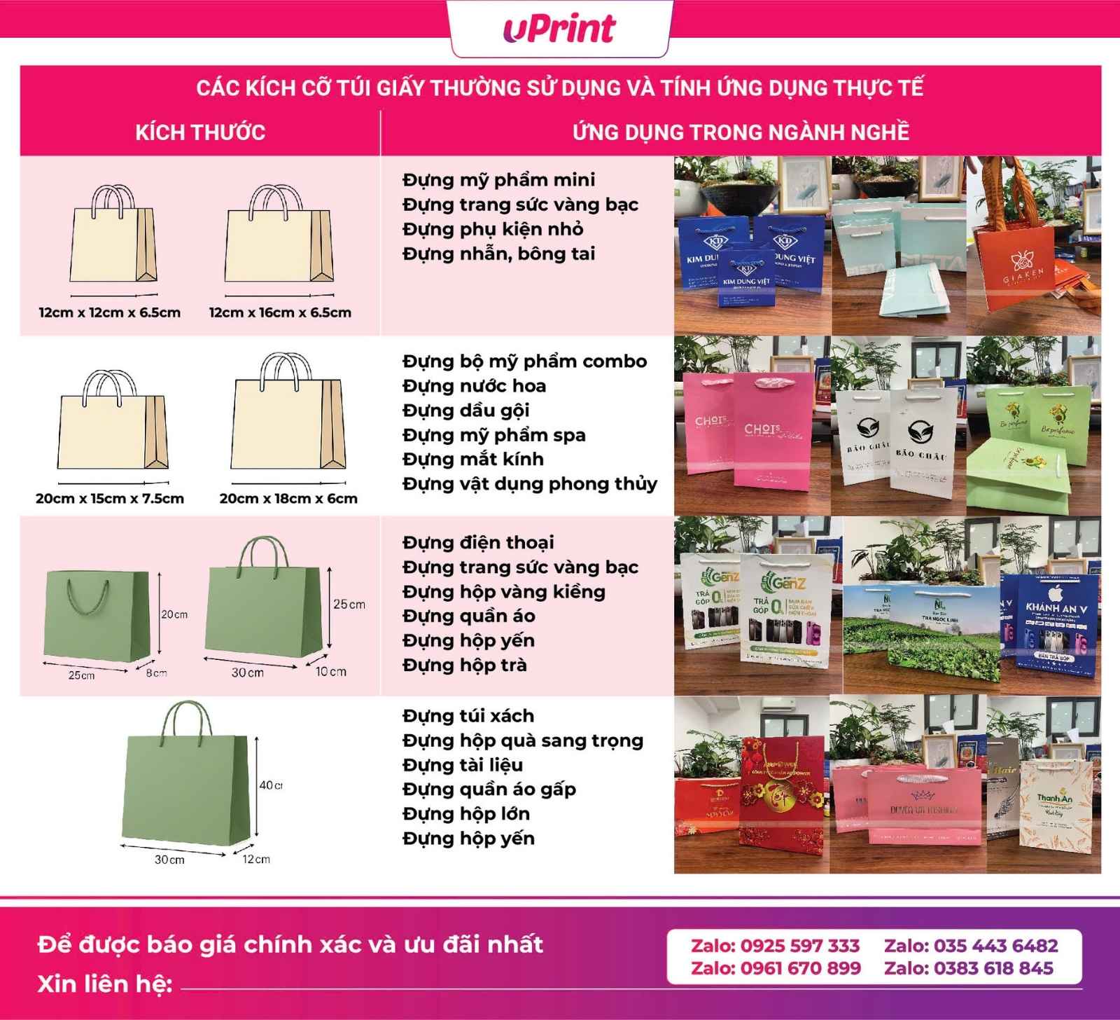 Tổng hợp kích thước túi giấy thông dụng