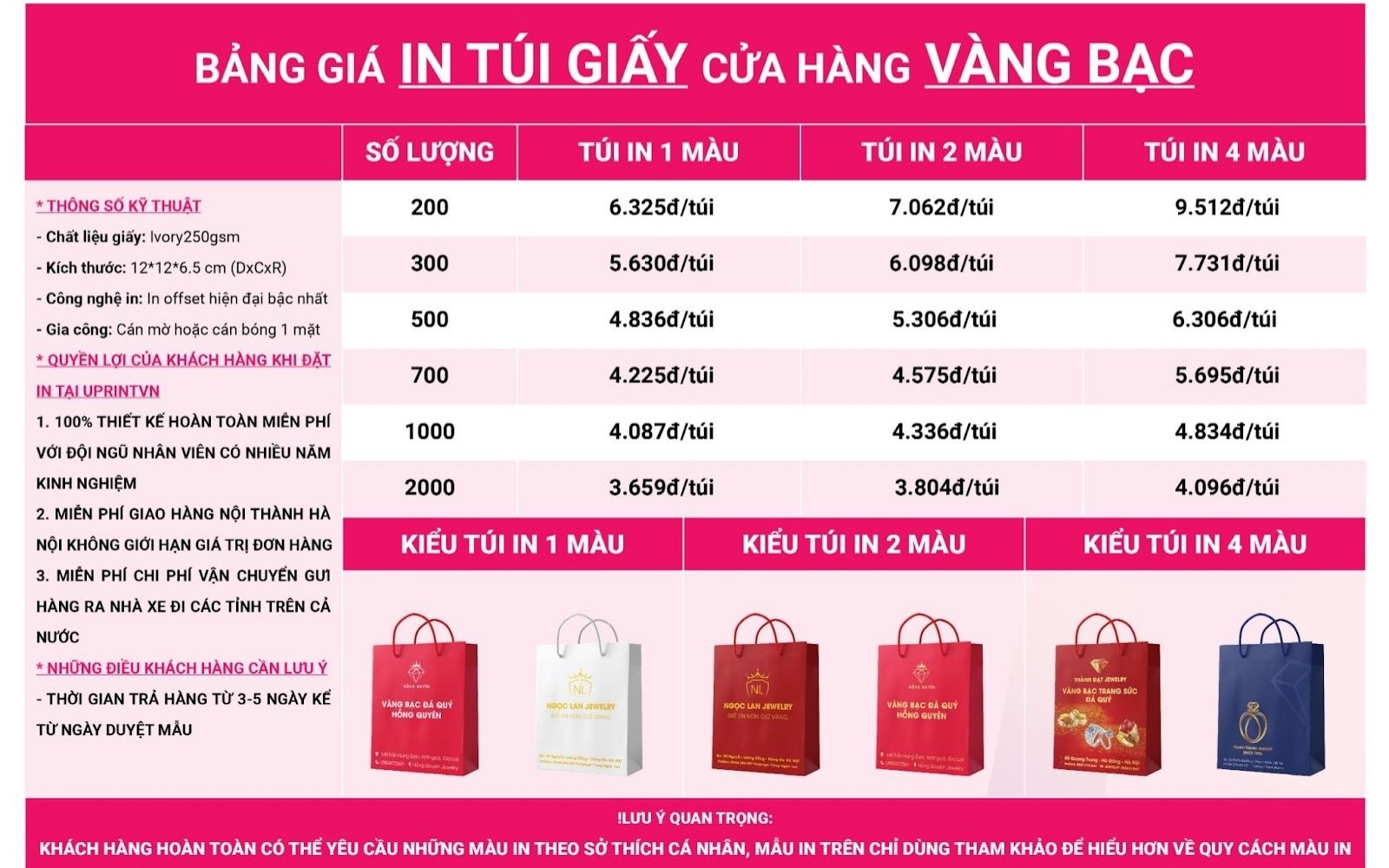 Bảng giá in túi đựng vàng cỡ 12x12cm Bảng giá in túi đựng vàng cỡ 12x12cm
