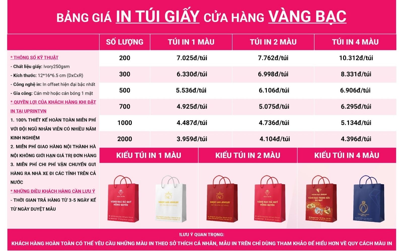 Bảng giá in túi đựng trang sức cỡ 12x16cm Bảng giá in túi đựng trang sức cỡ 12x16cm