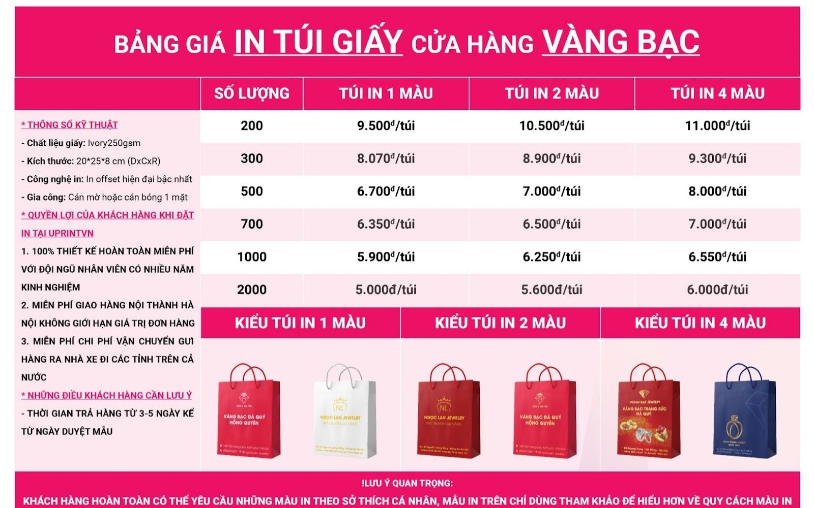 Bảng giá in túi giấy tiệm vàng cỡ 20x25cm Bảng giá in túi giấy tiệm vàng cỡ 20x25cm