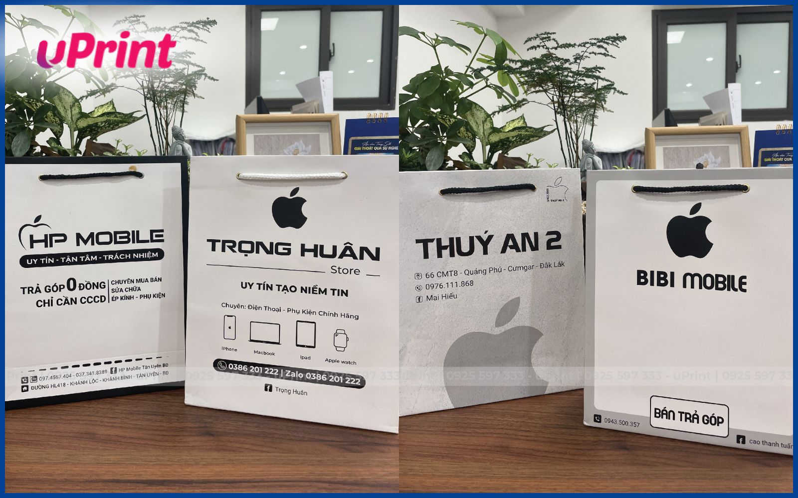 Mẫu in túi giấy đựng điện thoại tone trắng Mẫu in túi giấy shop điện thoại tone trắng