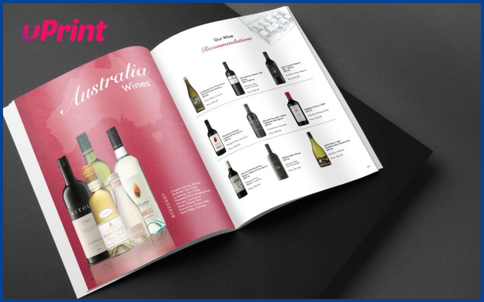 Mẫu in catalogue rượu vang tone màu trắng đỏ 